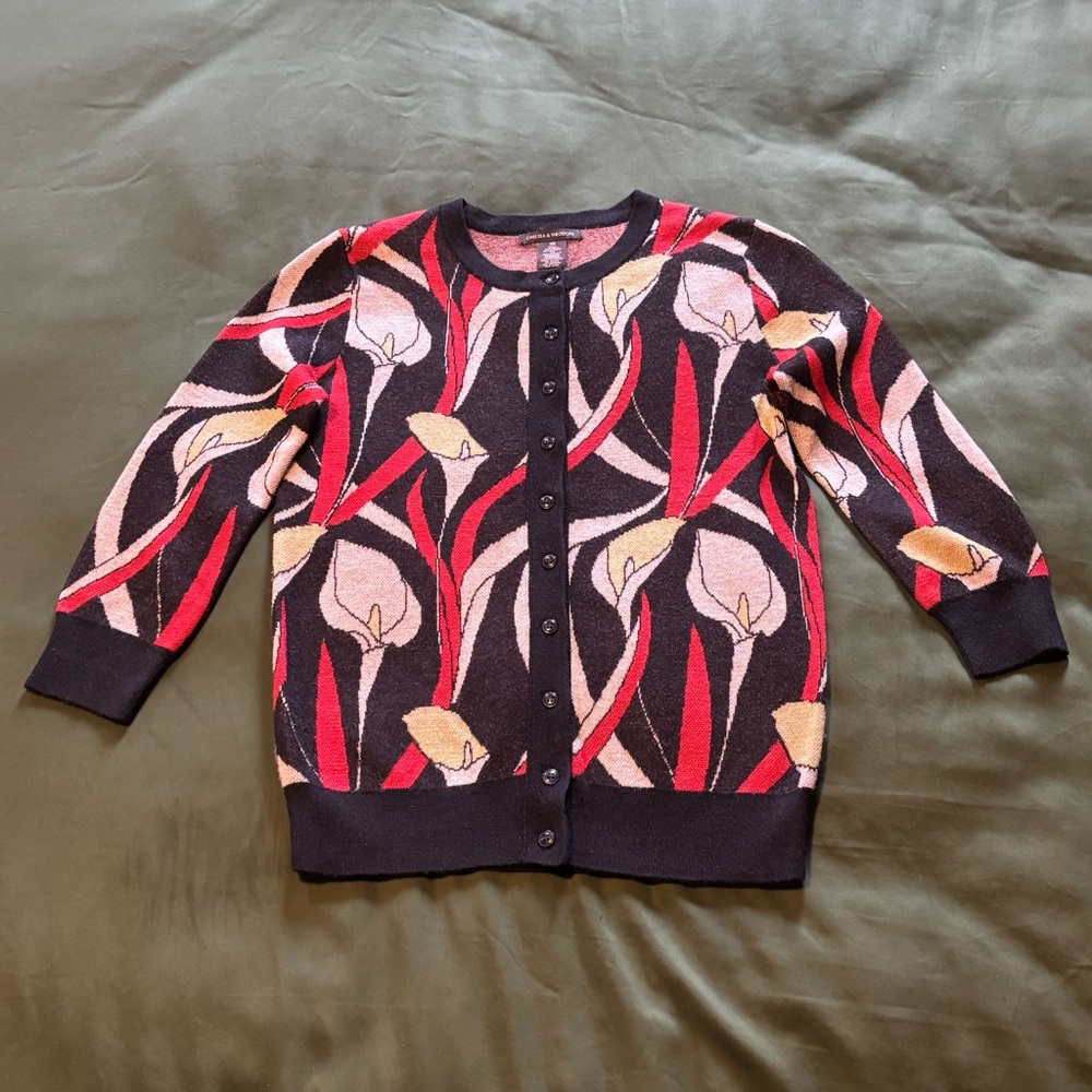 EUC - Pretty Chelsea & Theodore Calla Lilly Cardigan Sweater (Navy & Red) - Picture 3 of 11